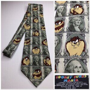 Vintage Looney Tunes Mania Taz Dollar Bill Pattern Silk Tie Novelty Graphic